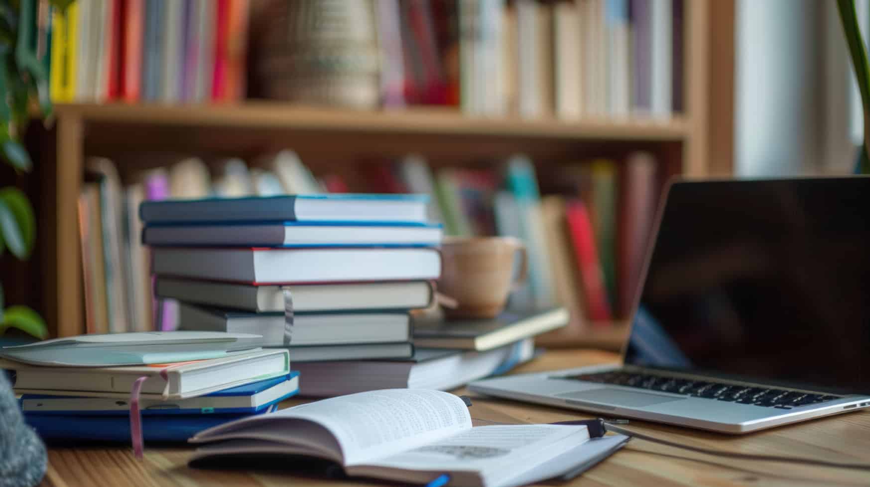 Stack of books, an open notebook, a laptop, and a coffee cup on a wooden desk with a bookshelf in the background.